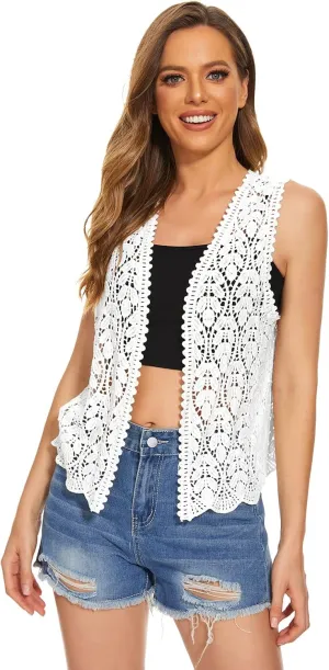 Womens Floral Crochet Lace Trim Sleeveless Open Front Vest Cardigan