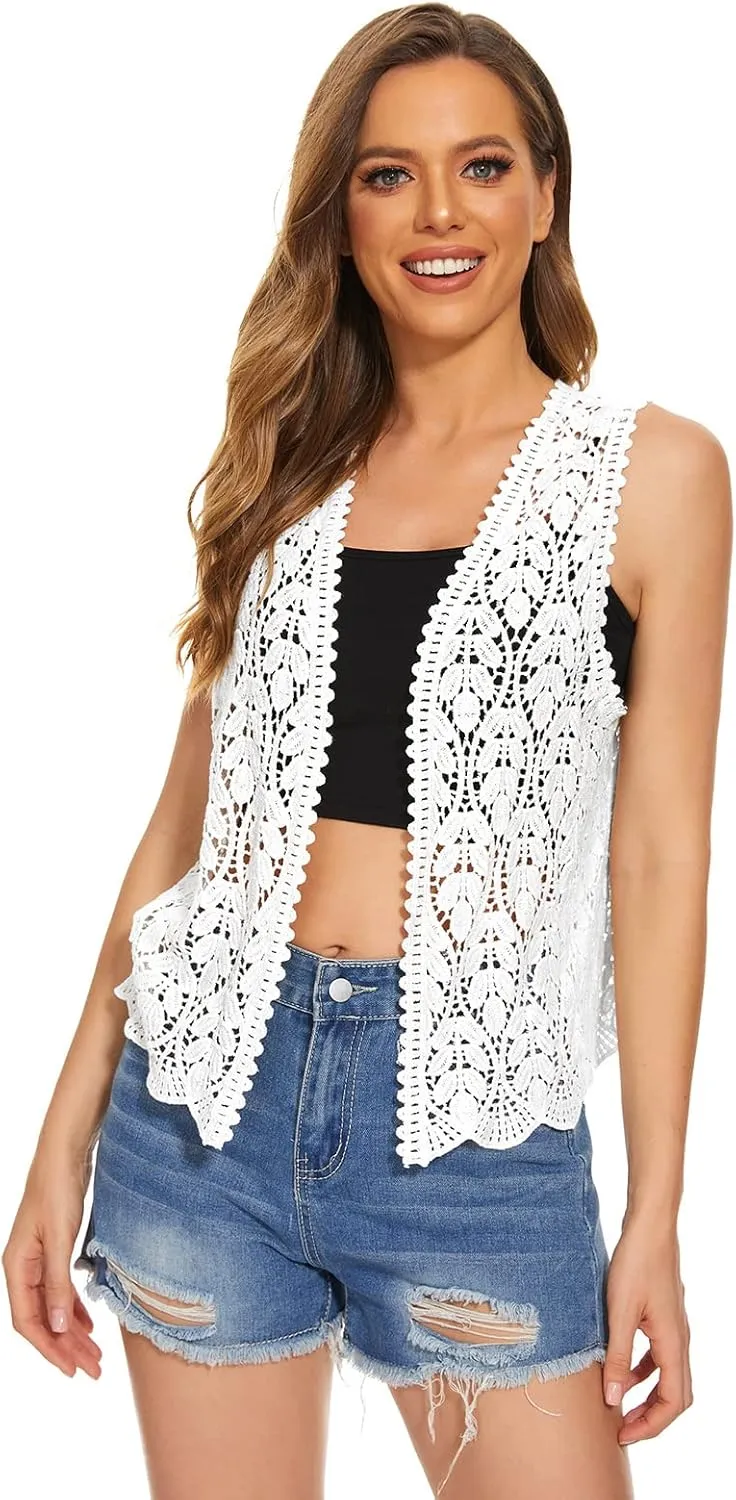 Womens Floral Crochet Lace Trim Sleeveless Open Front Vest Cardigan