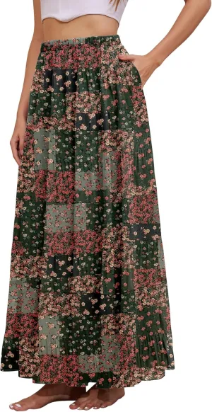 Women's Flowy Maxi Skirt Boho Summer Beach High Waisted Casual A-Line Pleated Long Skirts with Pockets