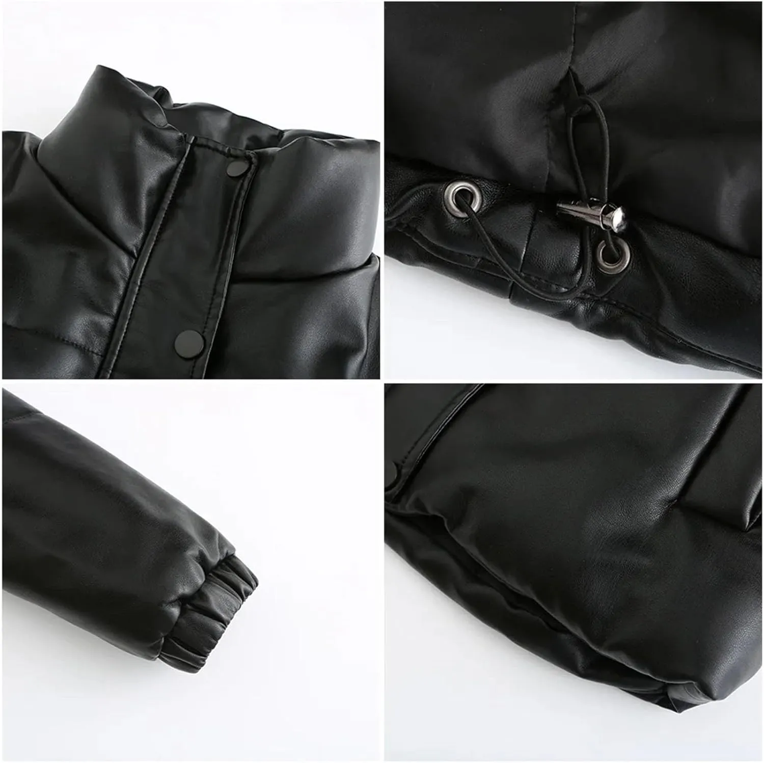 Women's High Collar Faux Leather Parka Coat Vintage Zipper Button Cotton-Padded Jacket