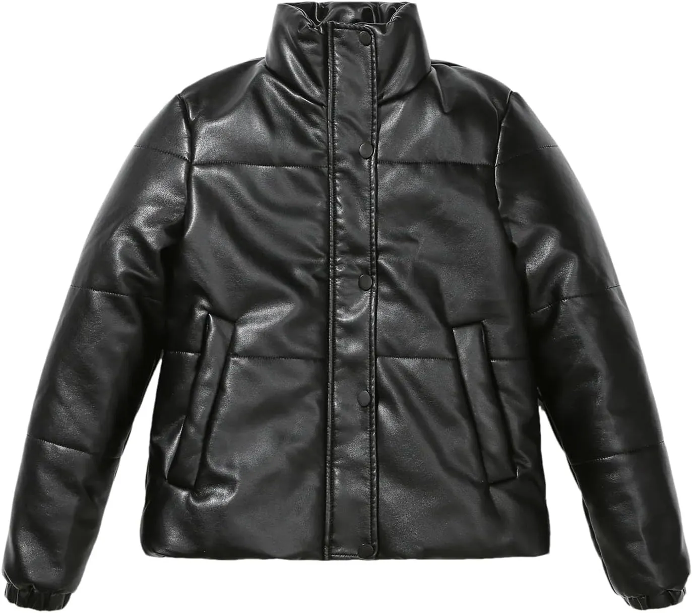 Women's High Collar Faux Leather Parka Coat Vintage Zipper Button Cotton-Padded Jacket
