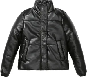 Women's High Collar Faux Leather Parka Coat Vintage Zipper Button Cotton-Padded Jacket
