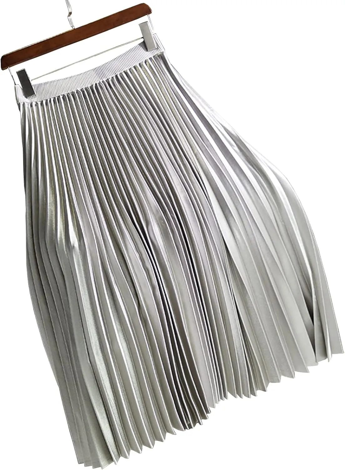 Women's High Elastic Waist Metallic Shiny Accordion A-line Pleated Long Midi Skirt