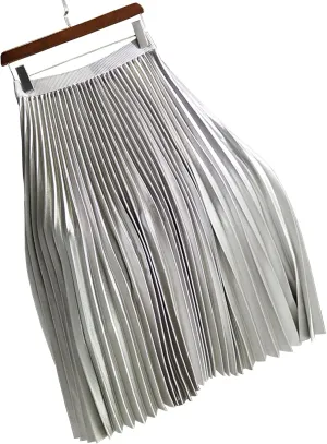 Women's High Elastic Waist Metallic Shiny Accordion A-line Pleated Long Midi Skirt