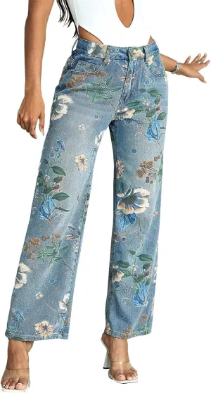 Women's High Waisted Baggy Jeans Stretch Wide Leg Printed Embroidered Straight Leg Denim Pants