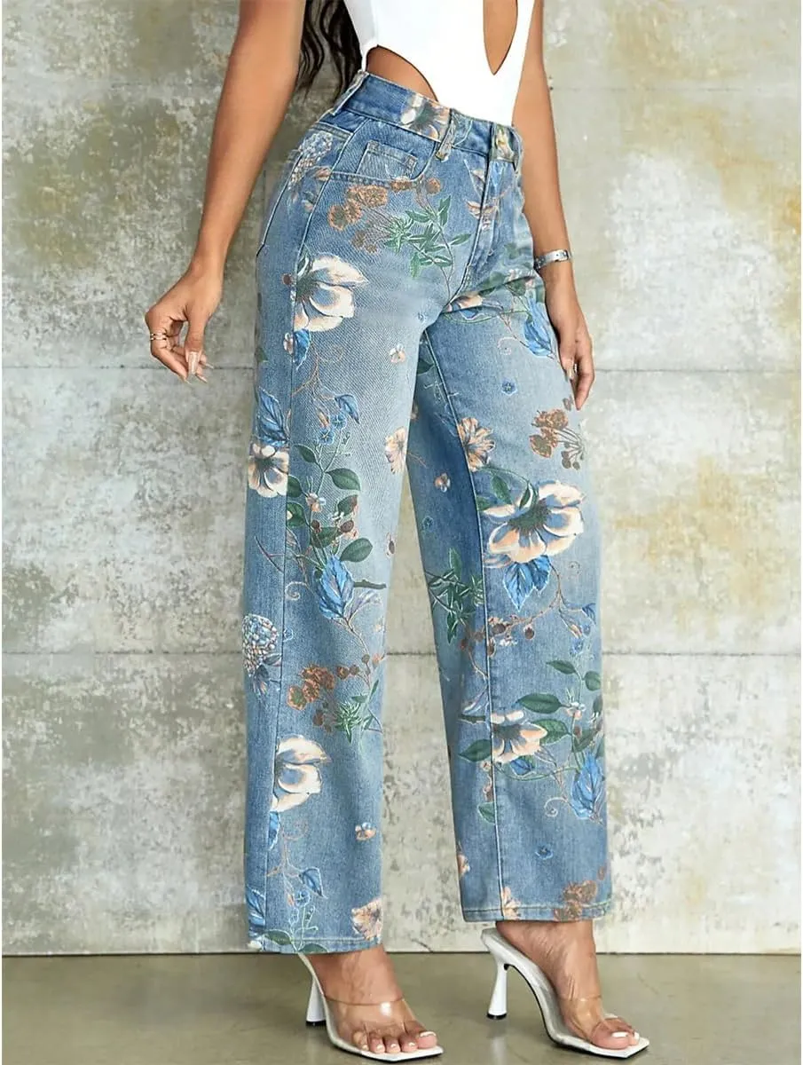 Women's High Waisted Baggy Jeans Stretch Wide Leg Printed Embroidered Straight Leg Denim Pants