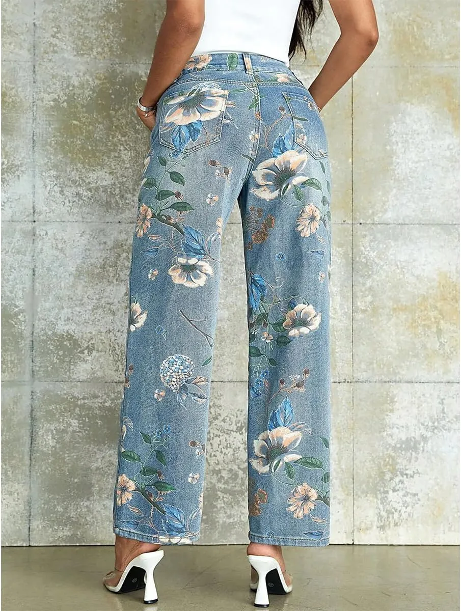 Women's High Waisted Baggy Jeans Stretch Wide Leg Printed Embroidered Straight Leg Denim Pants