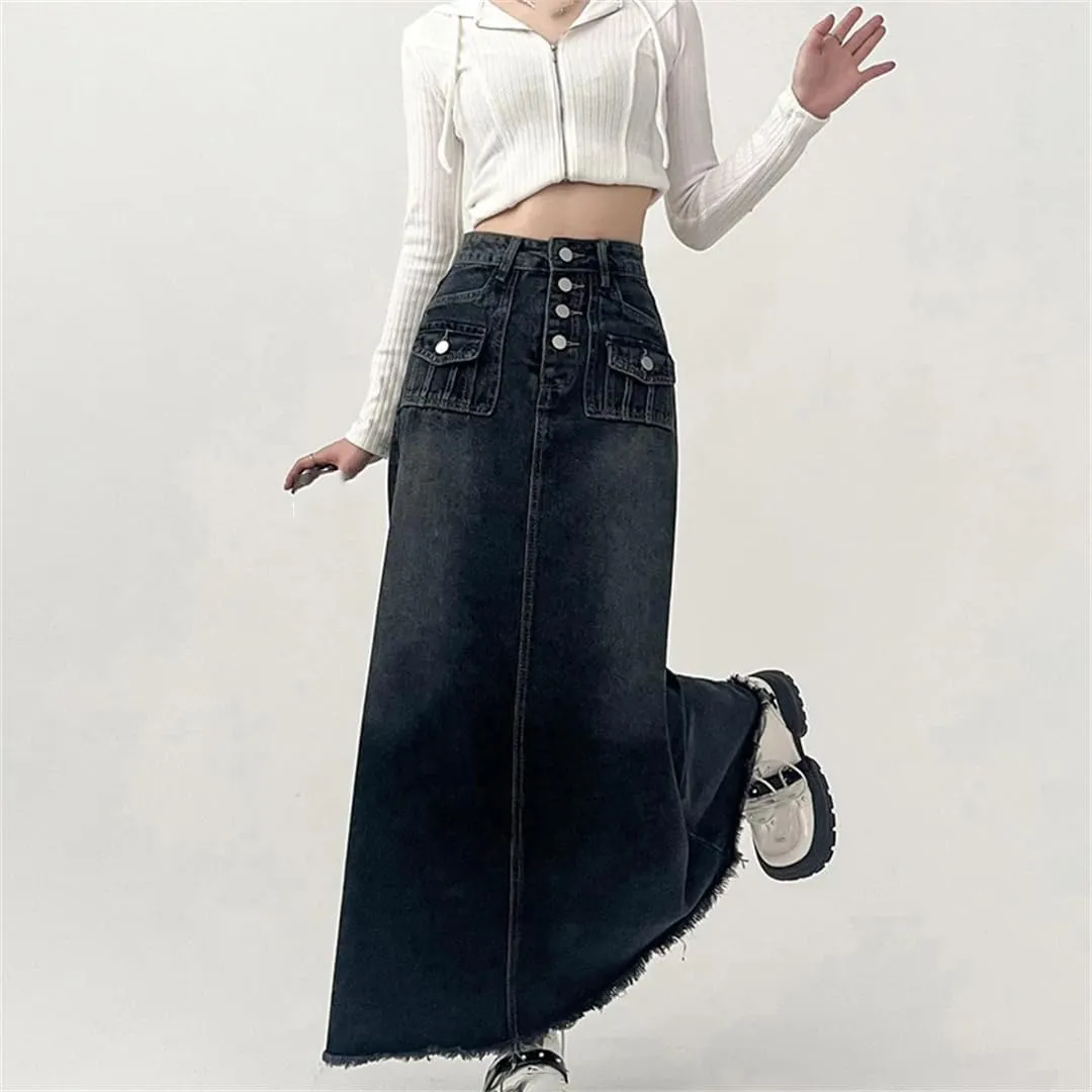 Women's High Waisted Button Down Denim Skirt Many Pockets Wrap Hip Fringed Jeans Maxi Skirts