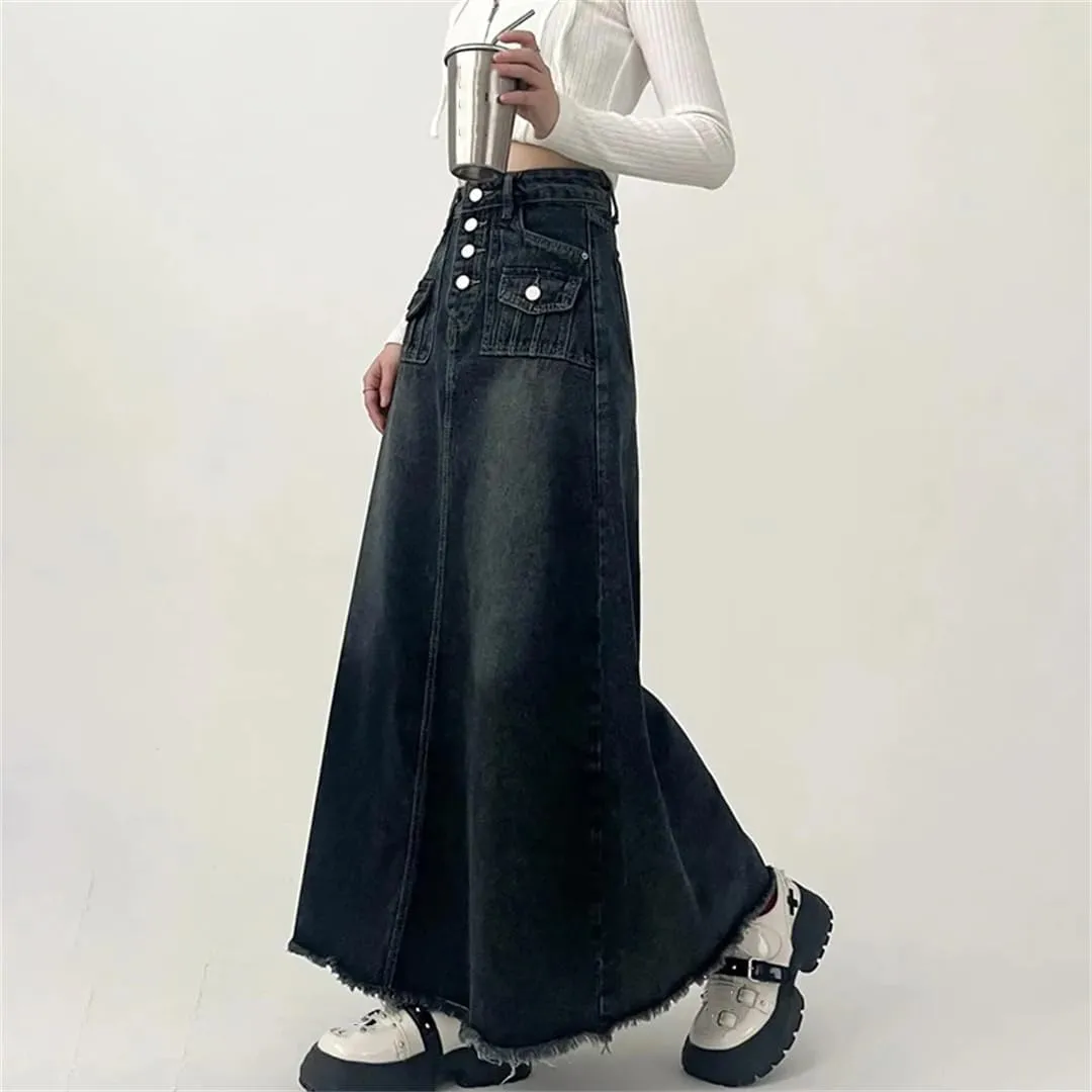 Women's High Waisted Button Down Denim Skirt Many Pockets Wrap Hip Fringed Jeans Maxi Skirts