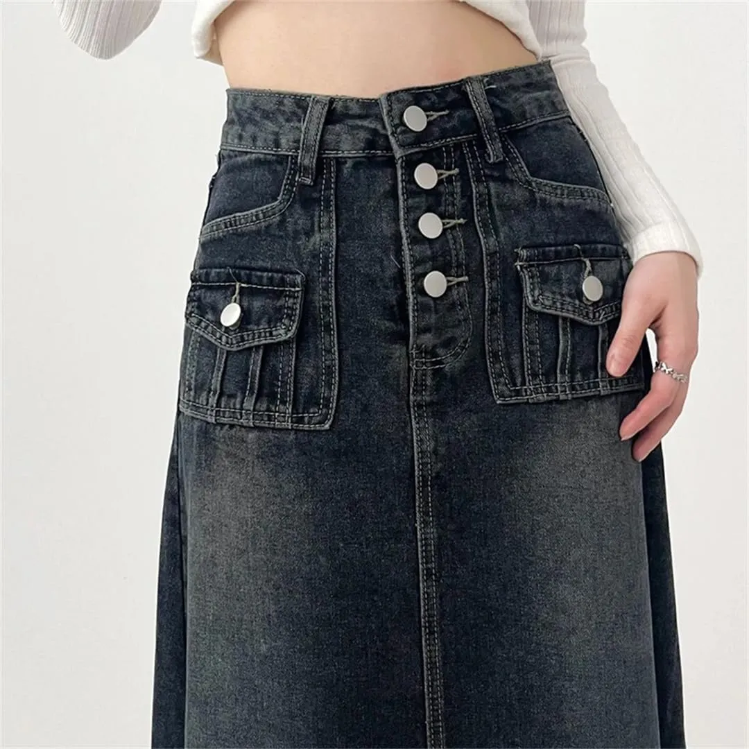 Women's High Waisted Button Down Denim Skirt Many Pockets Wrap Hip Fringed Jeans Maxi Skirts