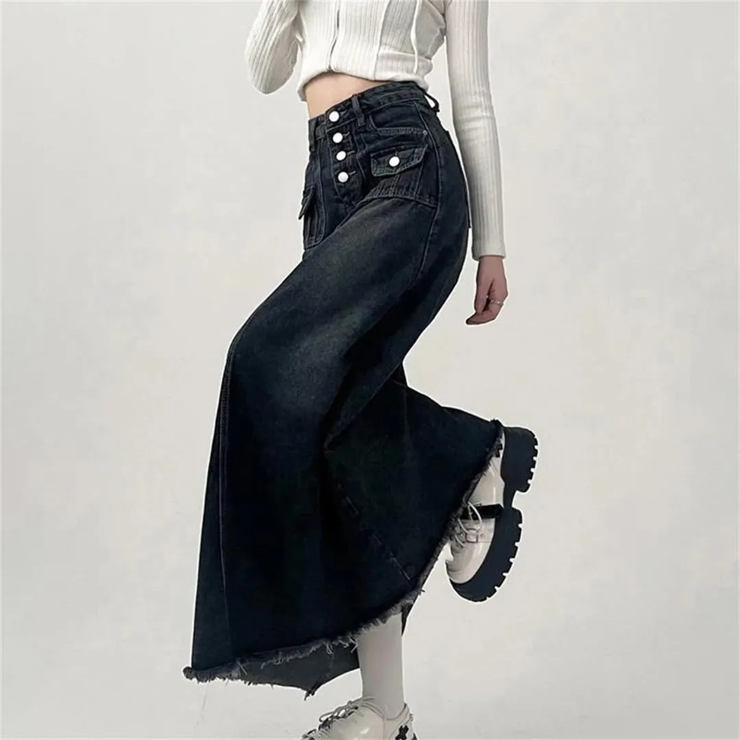Women's High Waisted Button Down Denim Skirt Many Pockets Wrap Hip Fringed Jeans Maxi Skirts