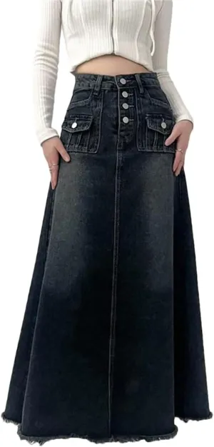 Women's High Waisted Button Down Denim Skirt Many Pockets Wrap Hip Fringed Jeans Maxi Skirts