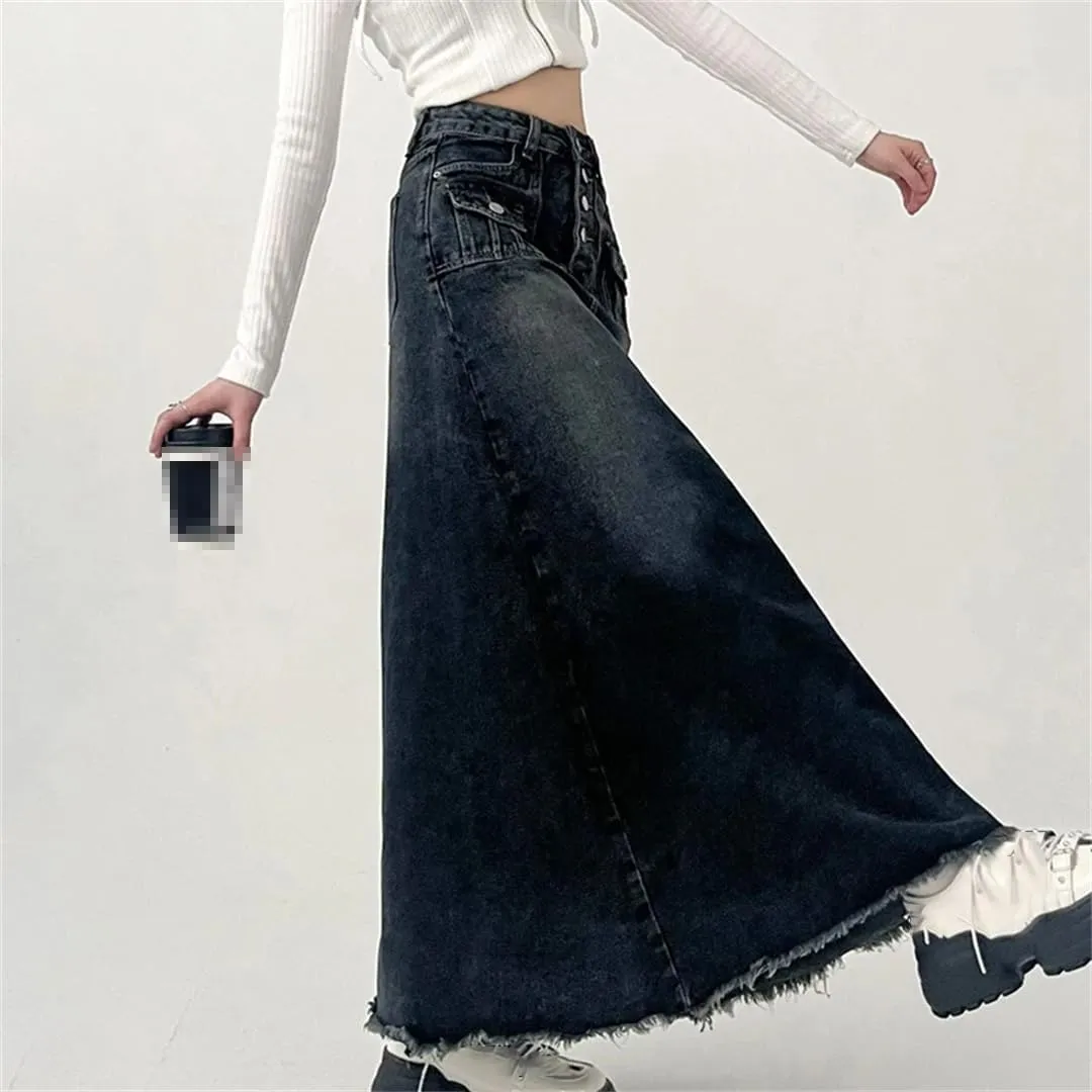 Women's High Waisted Button Down Denim Skirt Many Pockets Wrap Hip Fringed Jeans Maxi Skirts