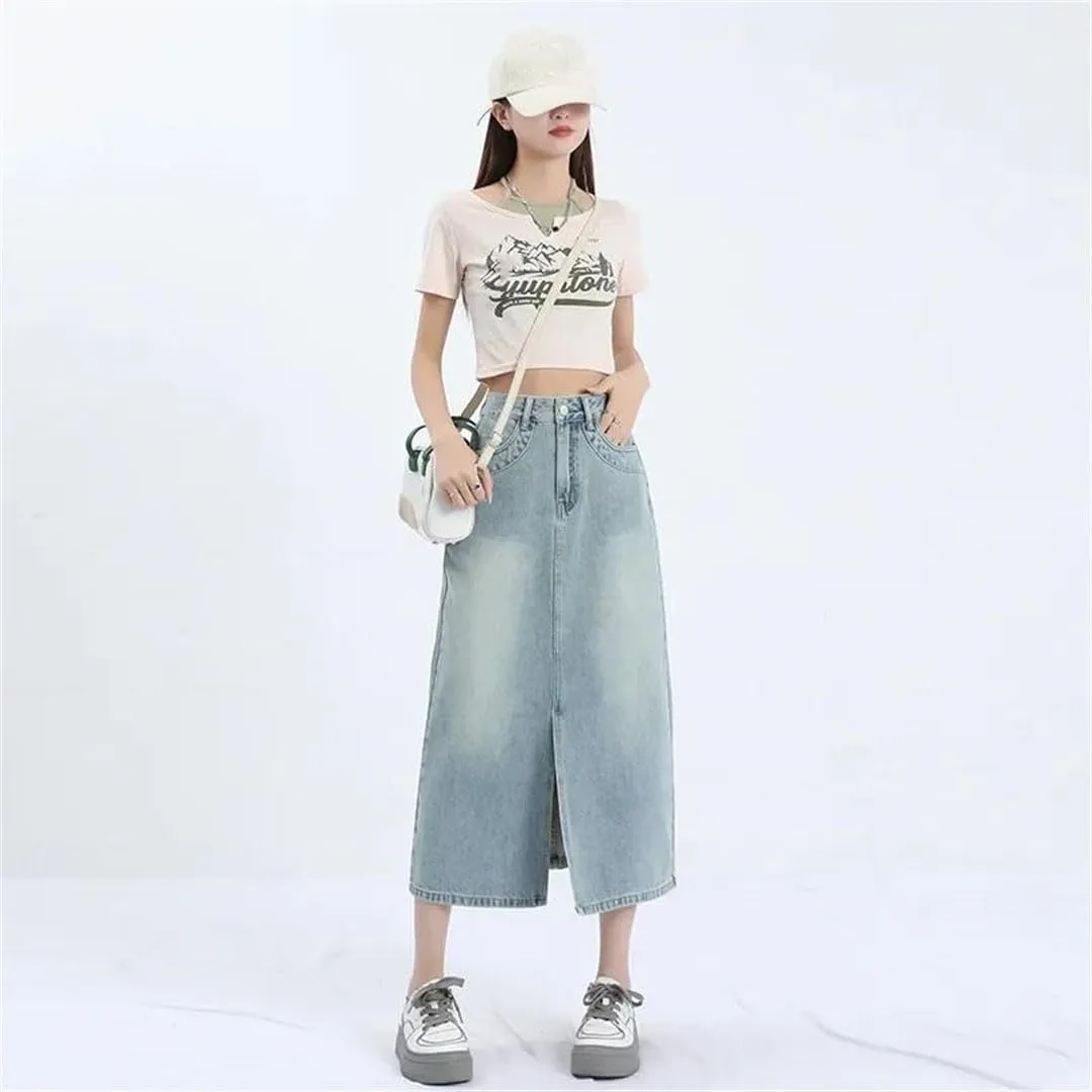 Women's High-Waisted Denim Loose Fit Slimming Medium Length Bodycon Design Skirt