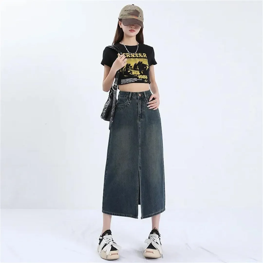 Women's High-Waisted Denim Loose Fit Slimming Medium Length Bodycon Design Skirt