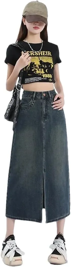Women's High-Waisted Denim Loose Fit Slimming Medium Length Bodycon Design Skirt