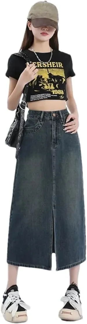 Women's High-Waisted Denim Loose Fit Slimming Medium Length Bodycon Design Skirt