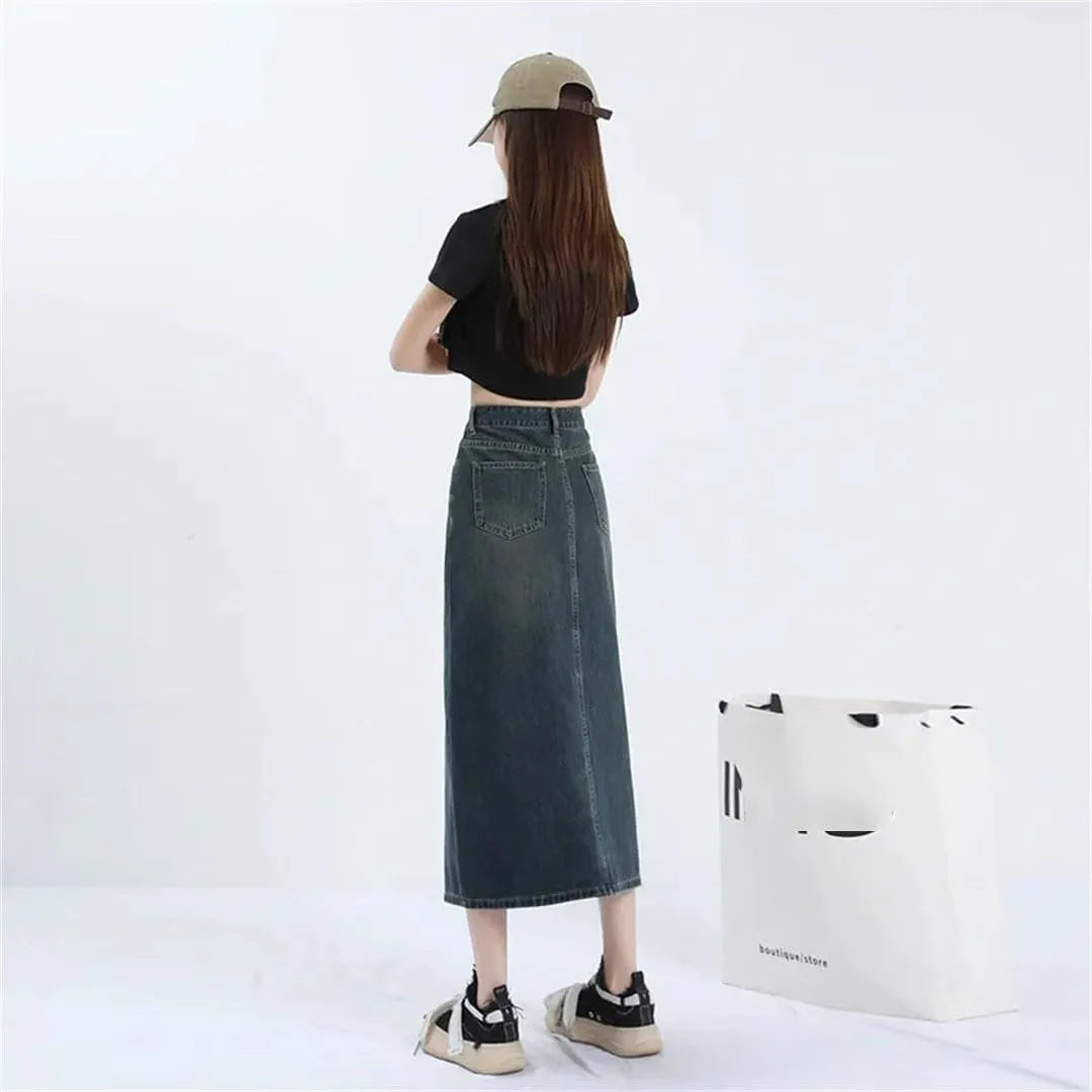 Women's High-Waisted Denim Loose Fit Slimming Medium Length Bodycon Design Skirt