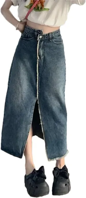 Women's High Waisted Denim Medium-Length A- Line Side Slit Washing Fringe Skirt