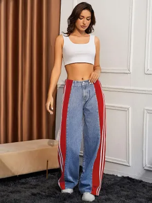 Women's High Waisted Patchwork Striped Wide Leg Jeans Y2K Baggy Color Block Loose Fit Denim Pants