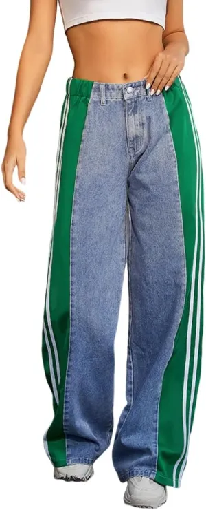 Women's High Waisted Patchwork Striped Wide Leg Jeans Y2K Baggy Color Block Loose Fit Denim Pants
