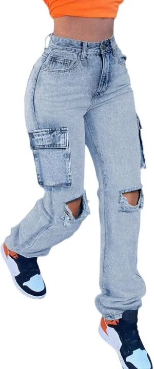 Women's High Waisted Ripped Boyfriend Cargo Jeans Distressed Denim Pants with Flap Pockets
