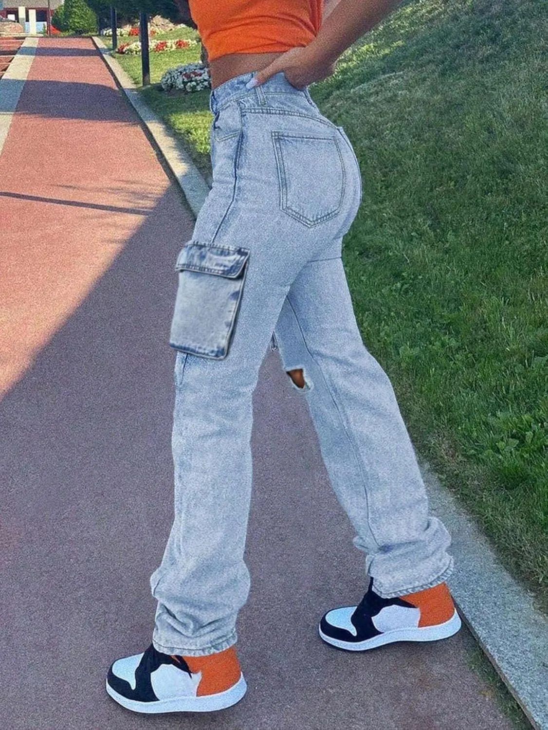 Women's High Waisted Ripped Boyfriend Cargo Jeans Distressed Denim Pants with Flap Pockets