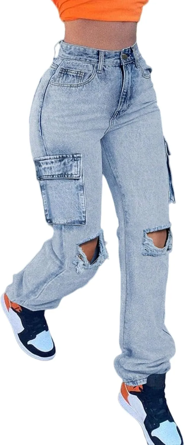 Women's High Waisted Ripped Boyfriend Cargo Jeans Distressed Denim Pants with Flap Pockets