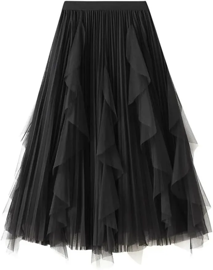 Women's High Waisted Ruffle Patchwork Gauze Skirt Mid-Length Pleated A-Line Midi Skirt