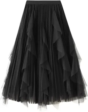 Women's High Waisted Ruffle Patchwork Gauze Skirt Mid-Length Pleated A-Line Midi Skirt