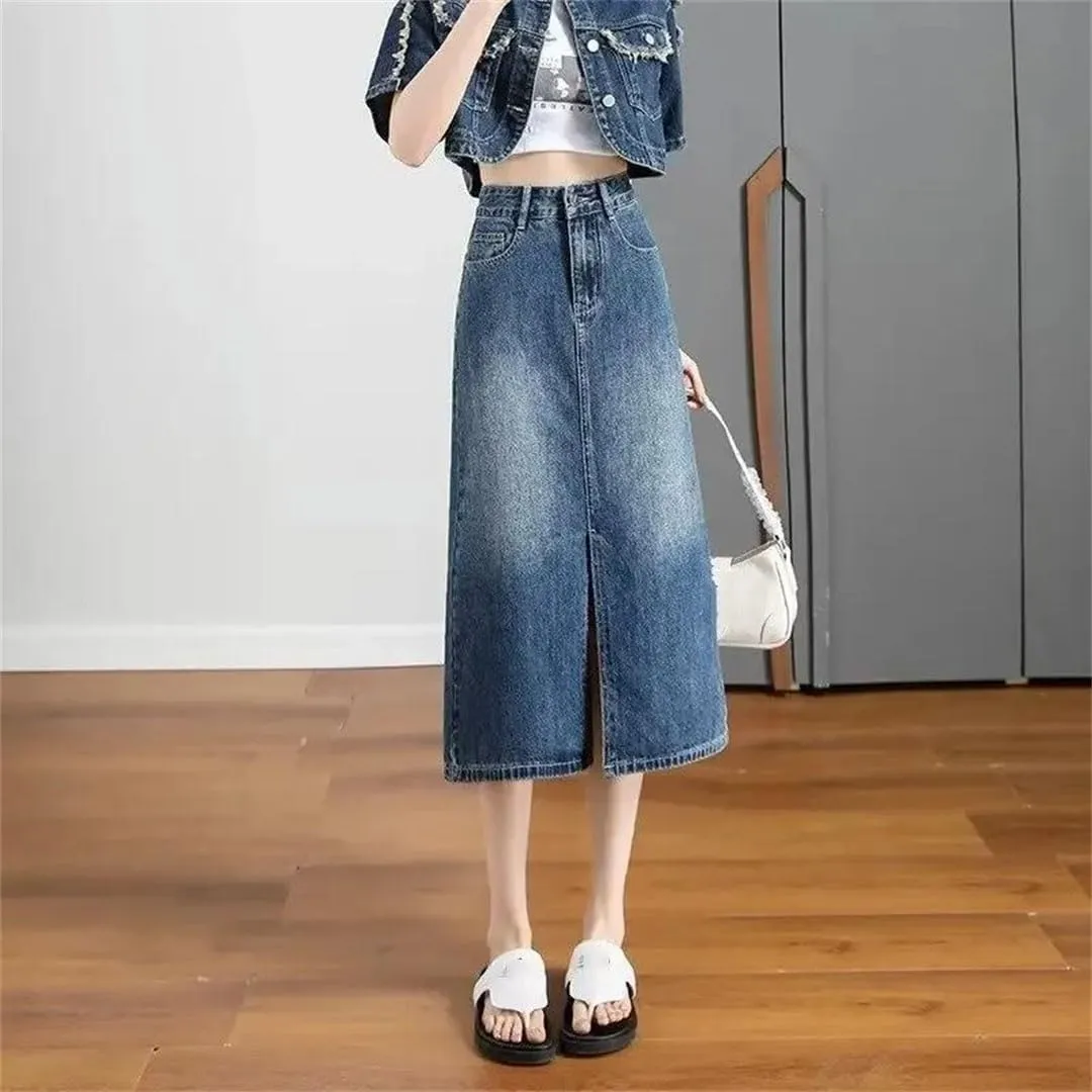 Women's High-Waisted Side Slit Denim Plus Size Slimming Body Shaping Medium-Length A- Line Silhouette Skirt