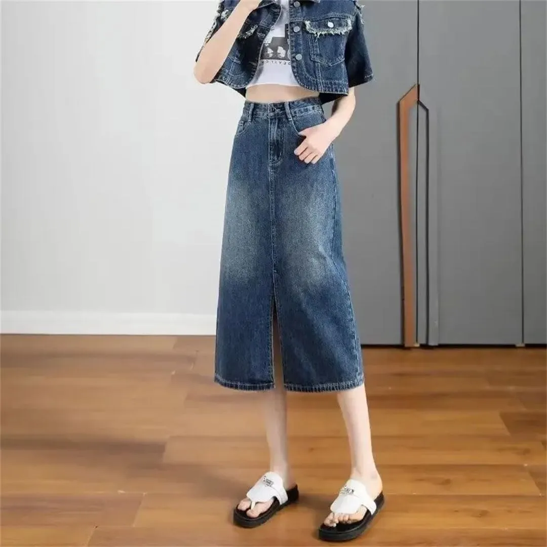 Women's High-Waisted Side Slit Denim Plus Size Slimming Body Shaping Medium-Length A- Line Silhouette Skirt