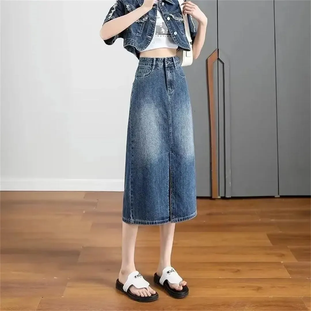 Women's High-Waisted Side Slit Denim Plus Size Slimming Body Shaping Medium-Length A- Line Silhouette Skirt