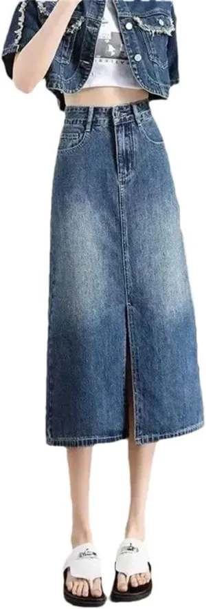 Women's High-Waisted Side Slit Denim Plus Size Slimming Body Shaping Medium-Length A- Line Silhouette Skirt