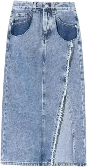 Women's High-Waisted Side Slit Denim Skirt  Plus Size Summer Dress Casual Slit Midi Skirt Button-Up with Pockets