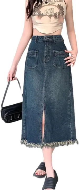 Women's High-Waisted Slimming Denim A- Line Waist Hip Covering Side Slit Fringed Korean Style Skirt