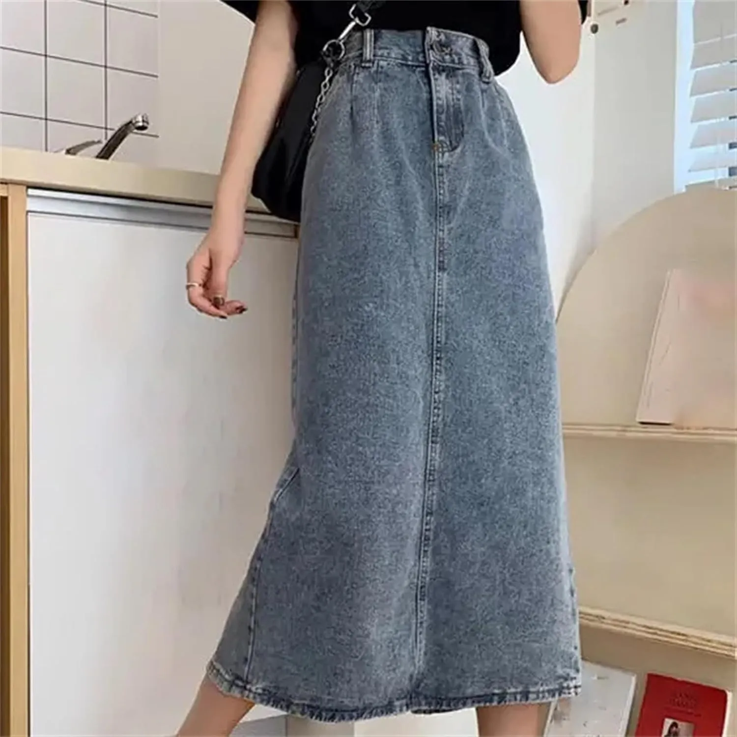 Women's High-Waisted Slimming Denim Skirt  Casual Side Slit Medium-Length Vintage A-Line Skirt Summer Dress
