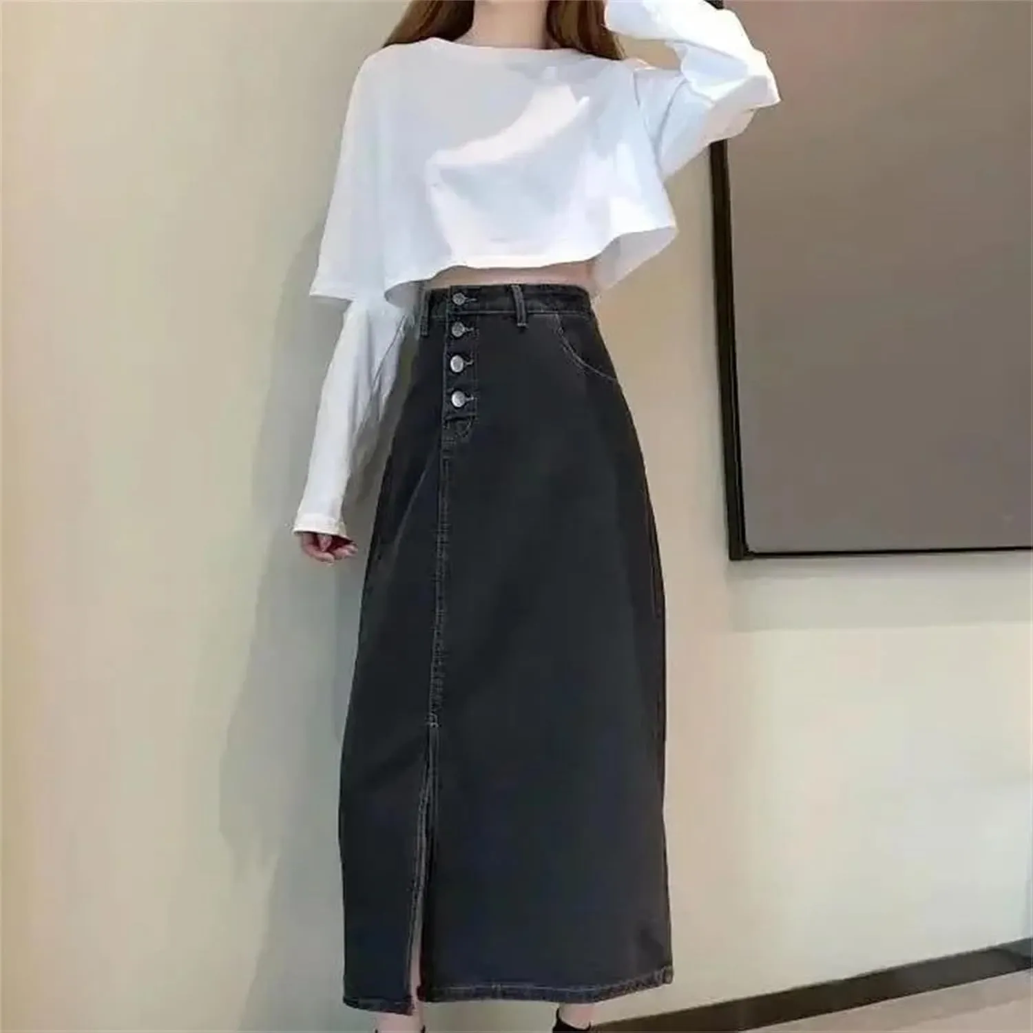 Women's High-Waisted Slimming Denim Skirt  Side Slit A-Line Medium-Length Casual Work Dress with Pockets