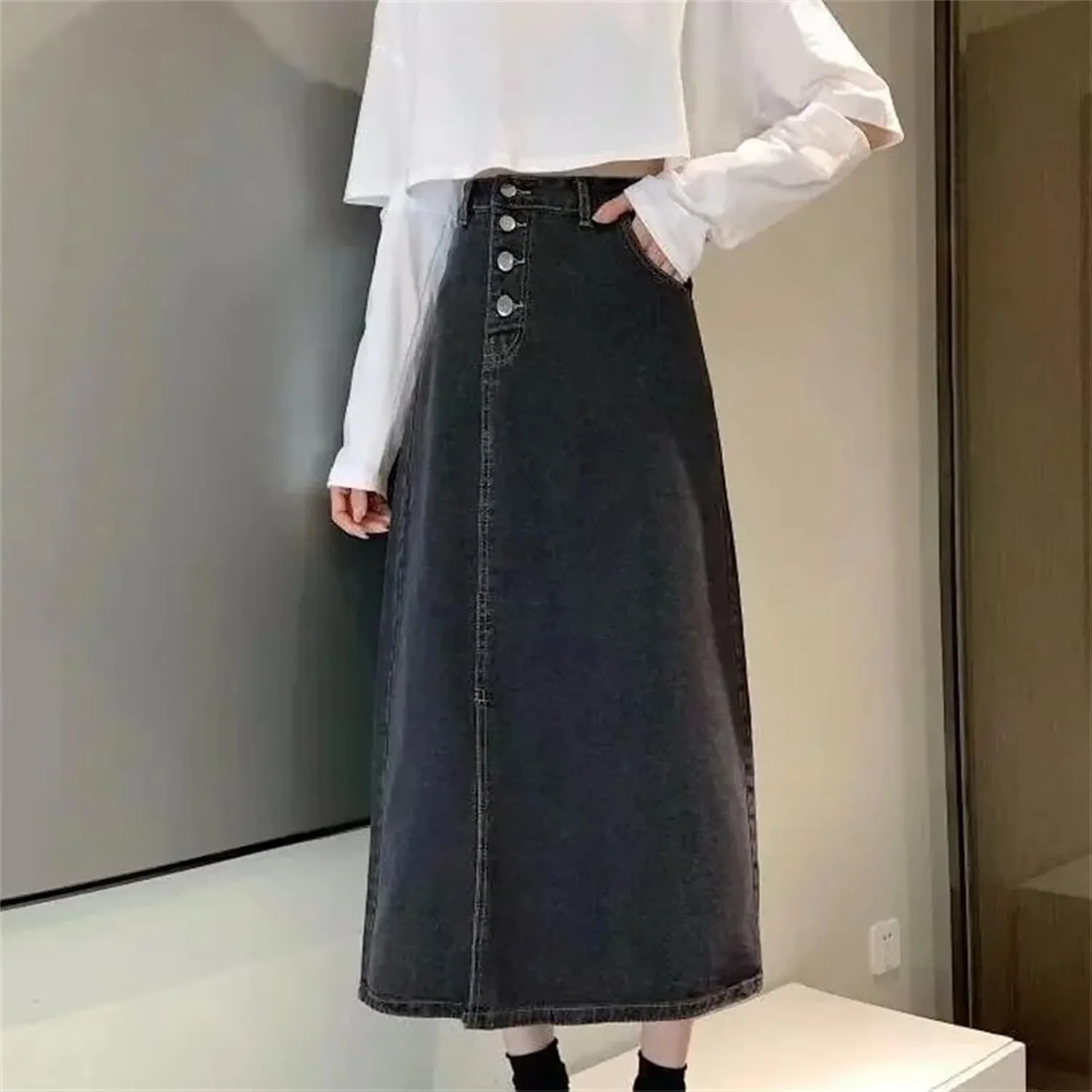 Women's High-Waisted Slimming Denim Skirt  Side Slit A-Line Medium-Length Casual Work Dress with Pockets