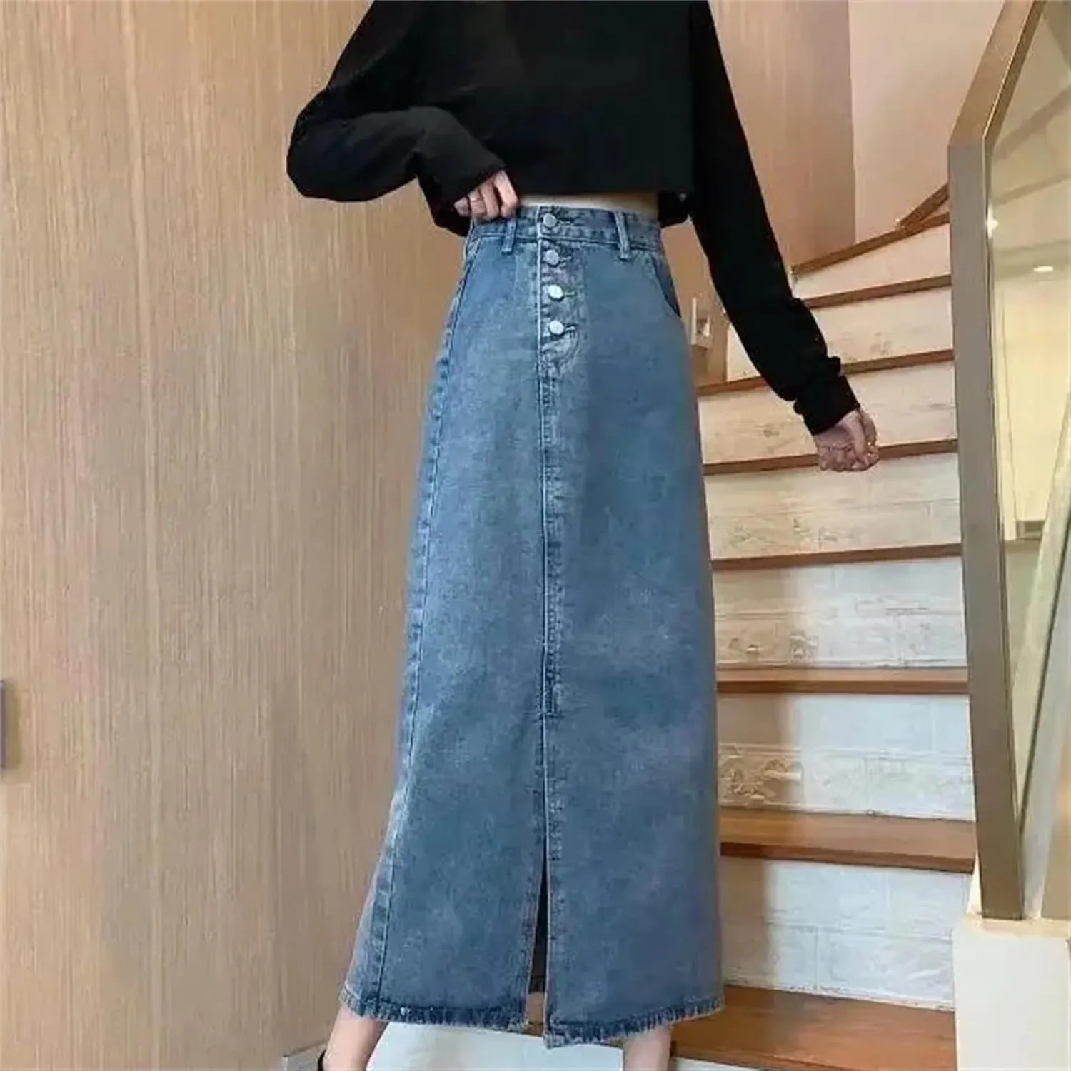 Women's High-Waisted Slimming Denim Skirt  Side Slit A-Line Medium-Length Casual Work Dress with Pockets