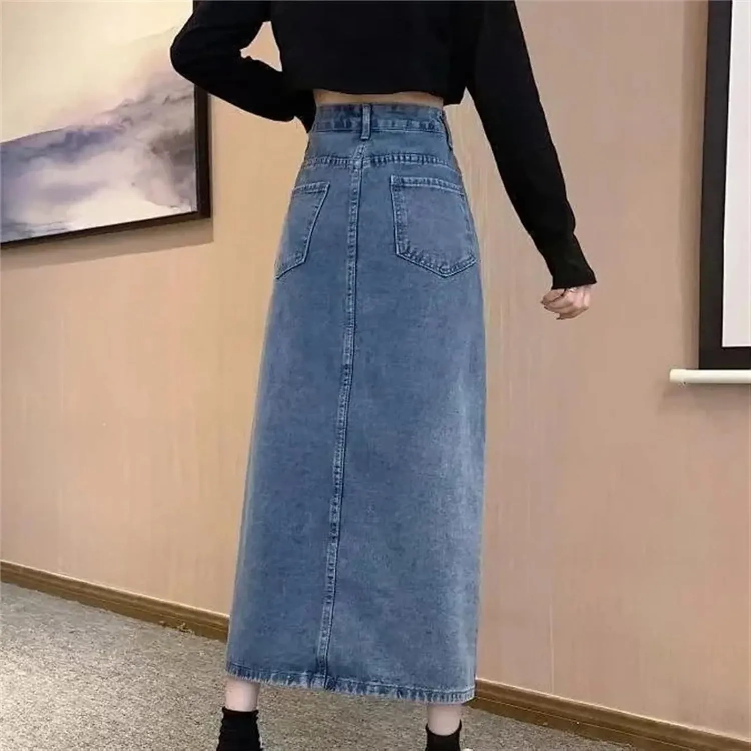 Women's High-Waisted Slimming Denim Skirt  Side Slit A-Line Medium-Length Casual Work Dress with Pockets
