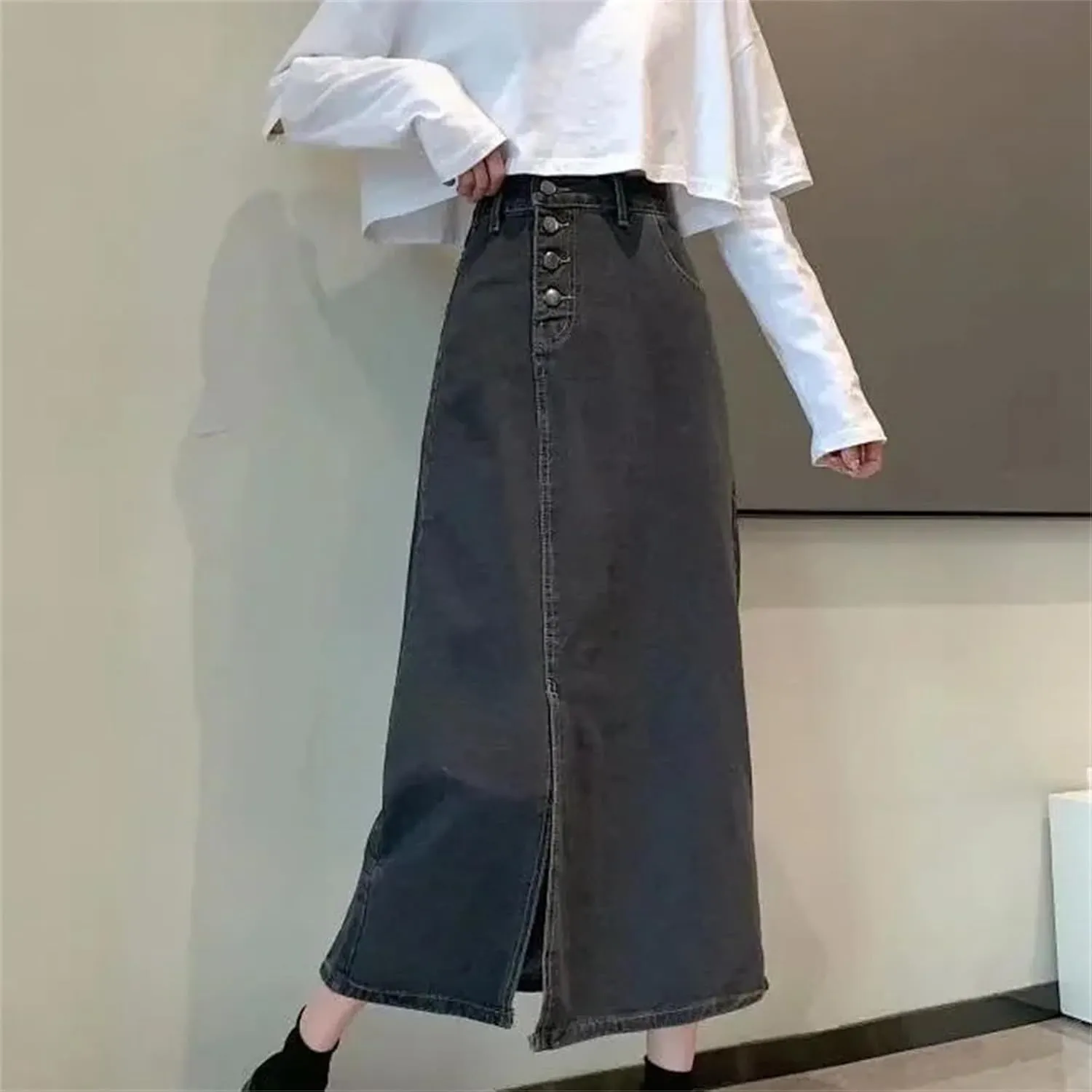 Women's High-Waisted Slimming Denim Skirt  Side Slit A-Line Medium-Length Casual Work Dress with Pockets