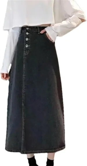 Women's High-Waisted Slimming Denim Skirt  Side Slit A-Line Medium-Length Casual Work Dress with Pockets