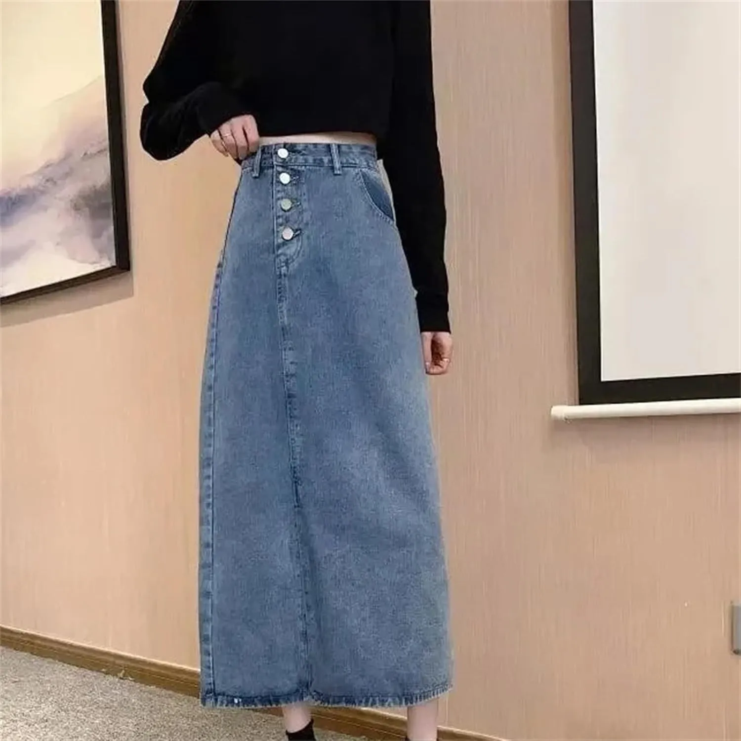 Women's High-Waisted Slimming Denim Skirt  Side Slit A-Line Medium-Length Casual Work Dress with Pockets
