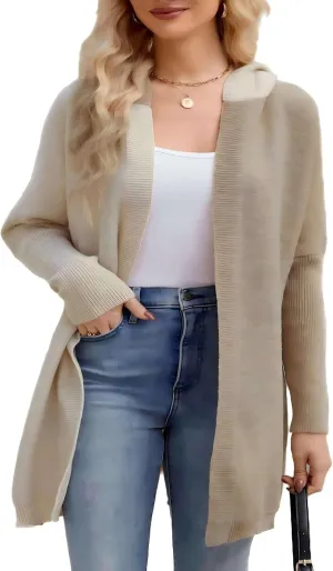 Womens Hooded Long Cardigan Color Block Open Front Knit Cardigan Oversized Lightweight Knit Sweater Outwear