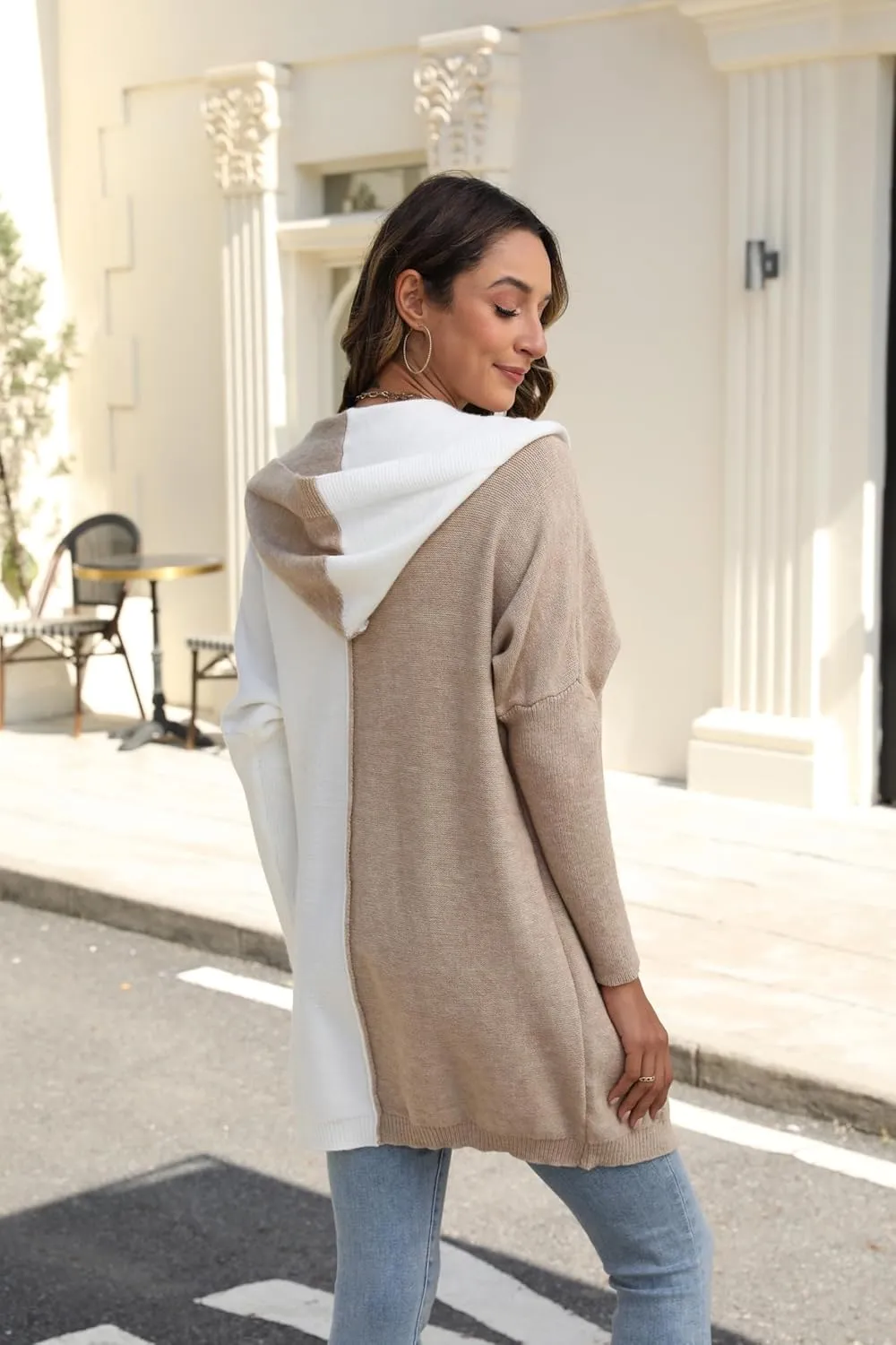 Womens Hooded Long Cardigan Color Block Open Front Knit Cardigan Oversized Lightweight Knit Sweater Outwear