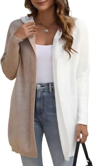 Womens Hooded Long Cardigan Color Block Open Front Knit Cardigan Oversized Lightweight Knit Sweater Outwear