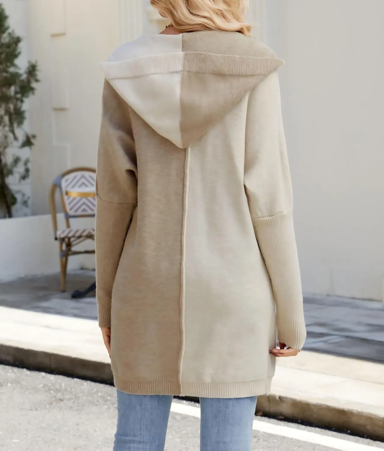 Womens Hooded Long Cardigan Color Block Open Front Knit Cardigan Oversized Lightweight Knit Sweater Outwear