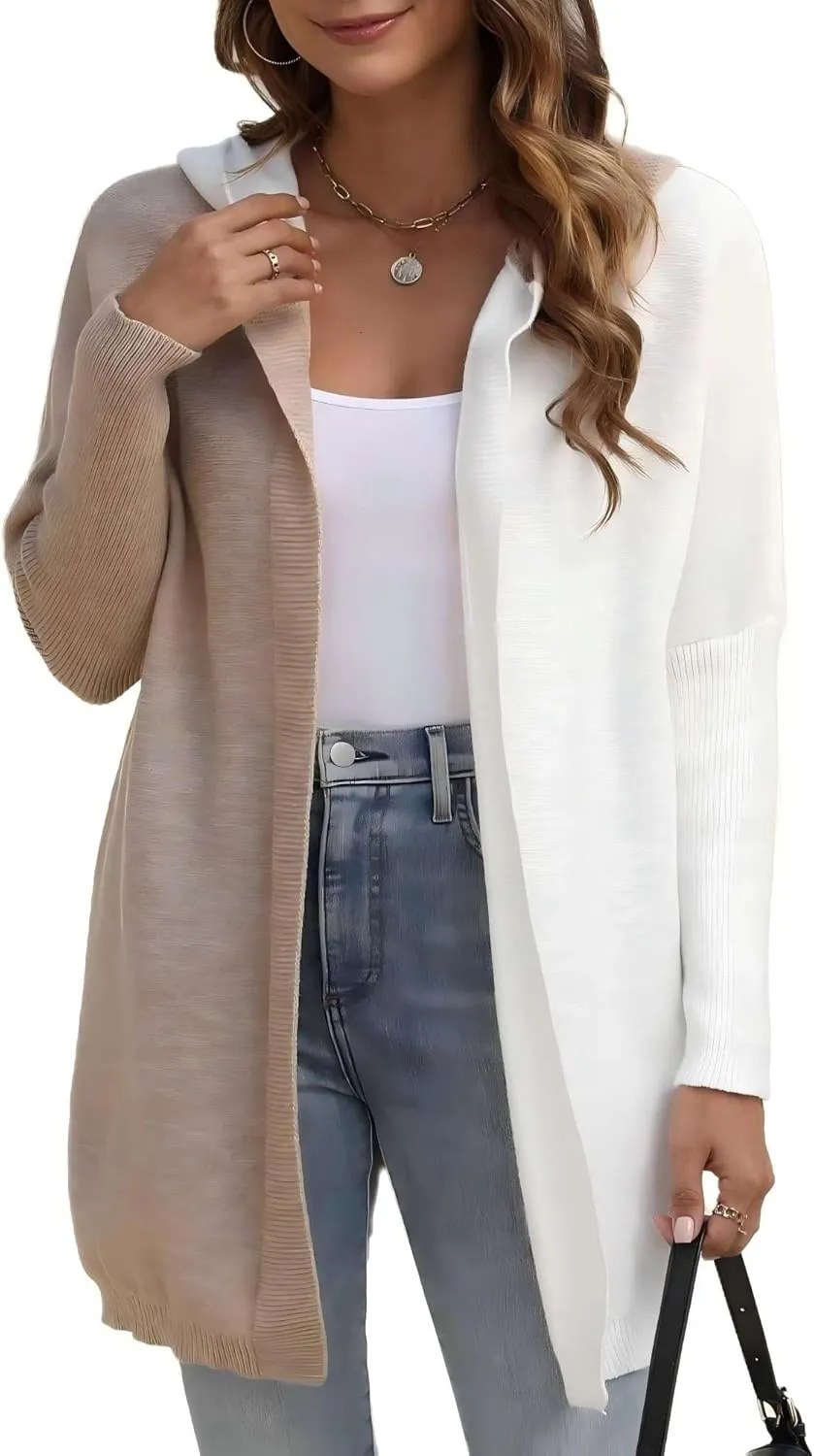 Womens Hooded Long Cardigan Color Block Open Front Knit Cardigan Oversized Lightweight Knit Sweater Outwear