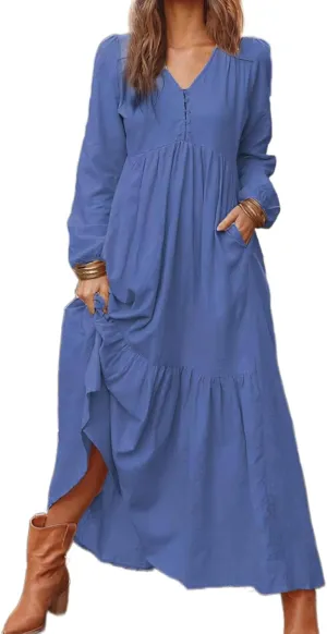 Womens Linen Dresses Casual Loose Button V Neck Pleated Dress Trendy Ruffle Tiered Long Sleeve Maxi Dress